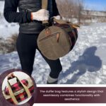 A person holds a round duffel bag with a plaid red and black pattern and brown accents over their shoulder in a snowy landscape. An inset image shows a close-up of the bag's details. Below is text: "The duffel bag features a stylish design that seamlessly combines functionality with aesthetics.