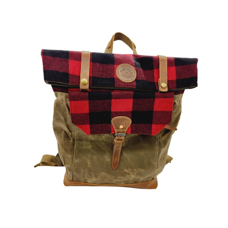 A stylish backpack featuring a red and black checkered top flap, secured with two brass buttons, and a buckle strap closure. The body of the backpack is made of olive green canvas with brown leather accents and adjustable straps.