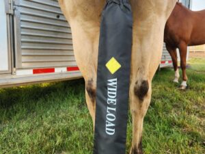 A close-up of a horse's hindquarters with a black cover over its tail. The cover has the words "WIDE LOAD" and a yellow diamond symbol on it, indicating a cautionary message. Another horse and a trailer can be seen in the background.