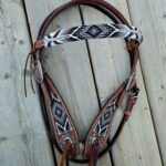 Leather headstall tooled bridle split ear western horse tack wither strap red buckstitch (34) dog collar western dog collar breast collar horse western