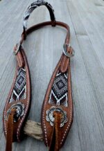 Leather headstall tooled bridle split ear western horse tack wither strap red buckstitch (41) dog collar western dog collar breast collar horse western