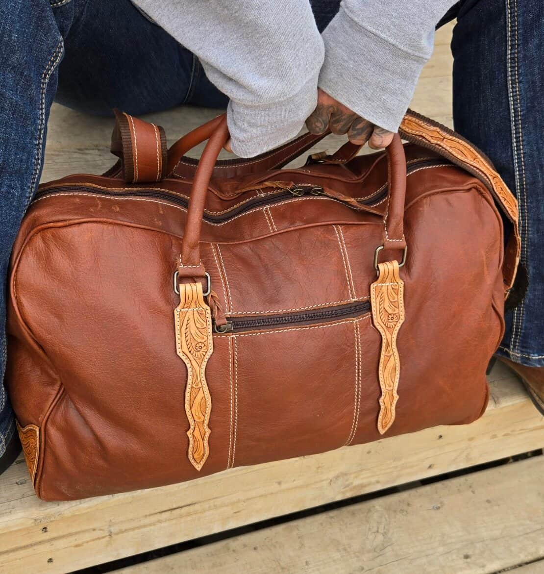 Leather Duffel bag travel bag carry on luggage western bag western duffel (16) macerick leather bag handmade