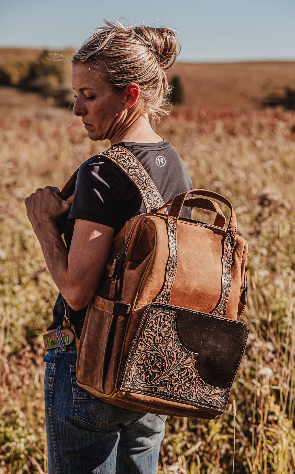 The Buckaroo – Western Leather Diaper Bag Hand-Tooled Straps