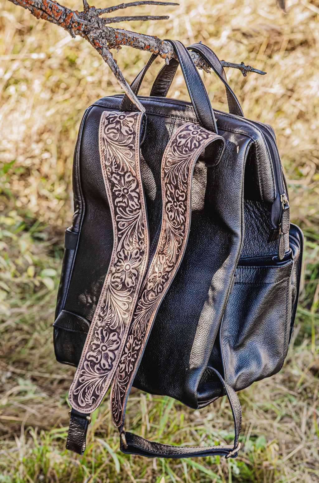 The Buckaroo – Western Leather Diaper Bag Hand-Tooled Straps