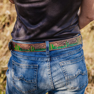 Tooled leather belt with cactus pattern and cowboy style (2)