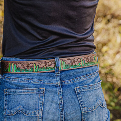 Tooled leather belt with cactus pattern and cowboy style (3)