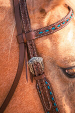 Turquoise buckstitch browband headstall handmade Argentina leather