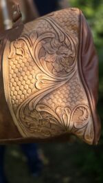 mens basketweave floral tooled handmade sunflower duffel bag, leather carry on size luggage, western bags (3)