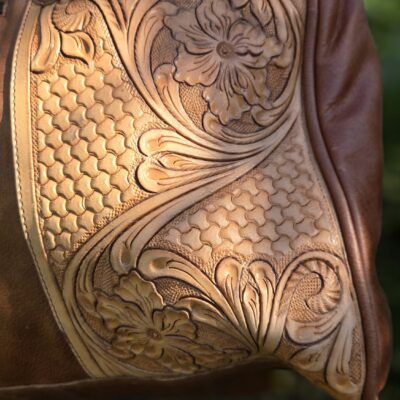 mens basketweave floral tooled handmade sunflower duffel bag, leather carry on size luggage, western bags (3)