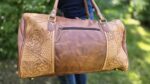 mens basketweave floral tooled handmade sunflower duffel bag, leather carry on size luggage, western bags (4)