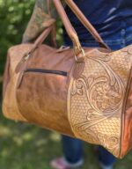 mens basketweave floral tooled handmade sunflower duffel bag, leather carry on size luggage, western bags (8)