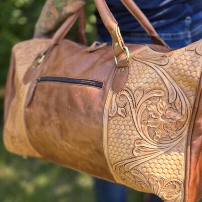 mens basketweave floral tooled handmade sunflower duffel bag, leather carry on size luggage, western bags (8)