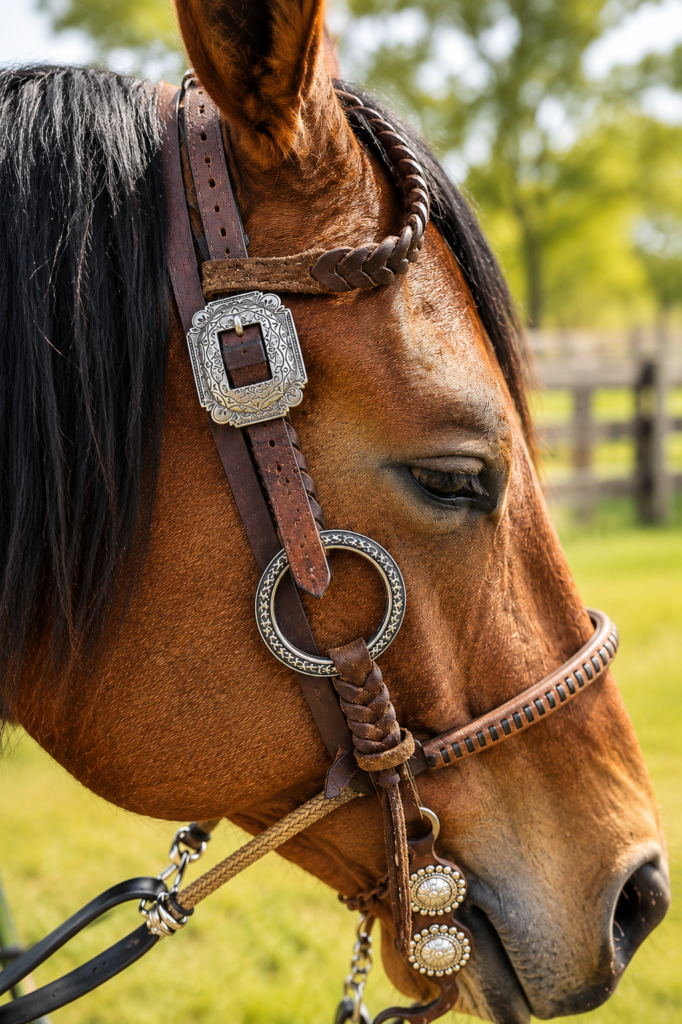 Metal Ring Headstall & Breast Collar Guide | Twisted Iron Tack 10 Twisted Iron - Gunmetal Antique Metal Ring One Ear Headstall