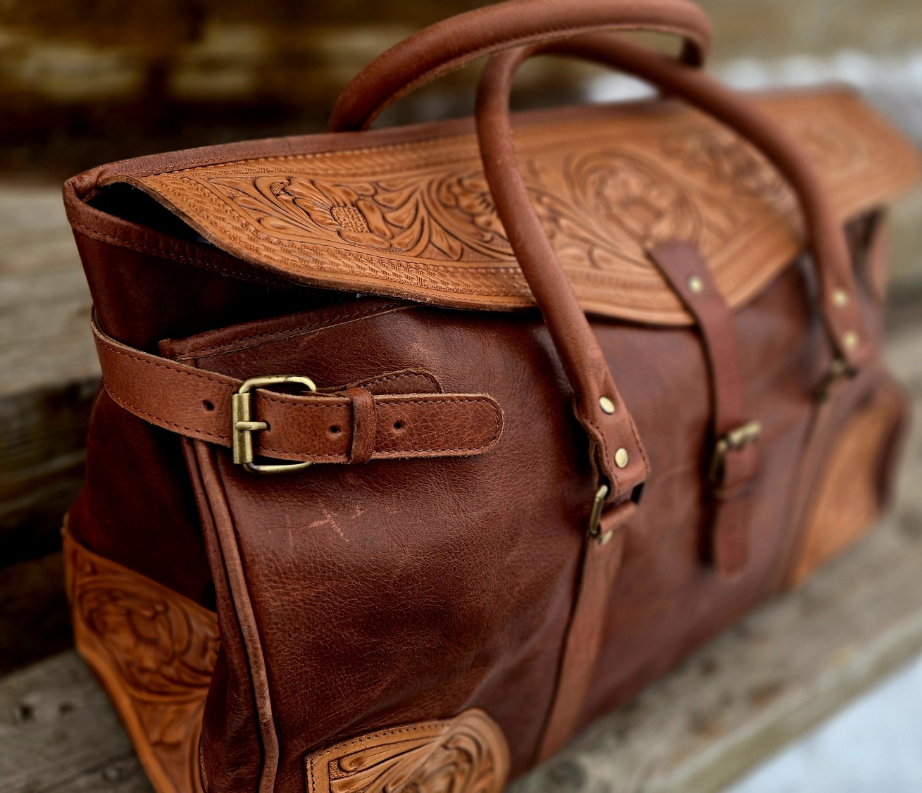 Leather carry all duffel bag briefcase work bag, gym bag, leather hand tooled western bag (8)