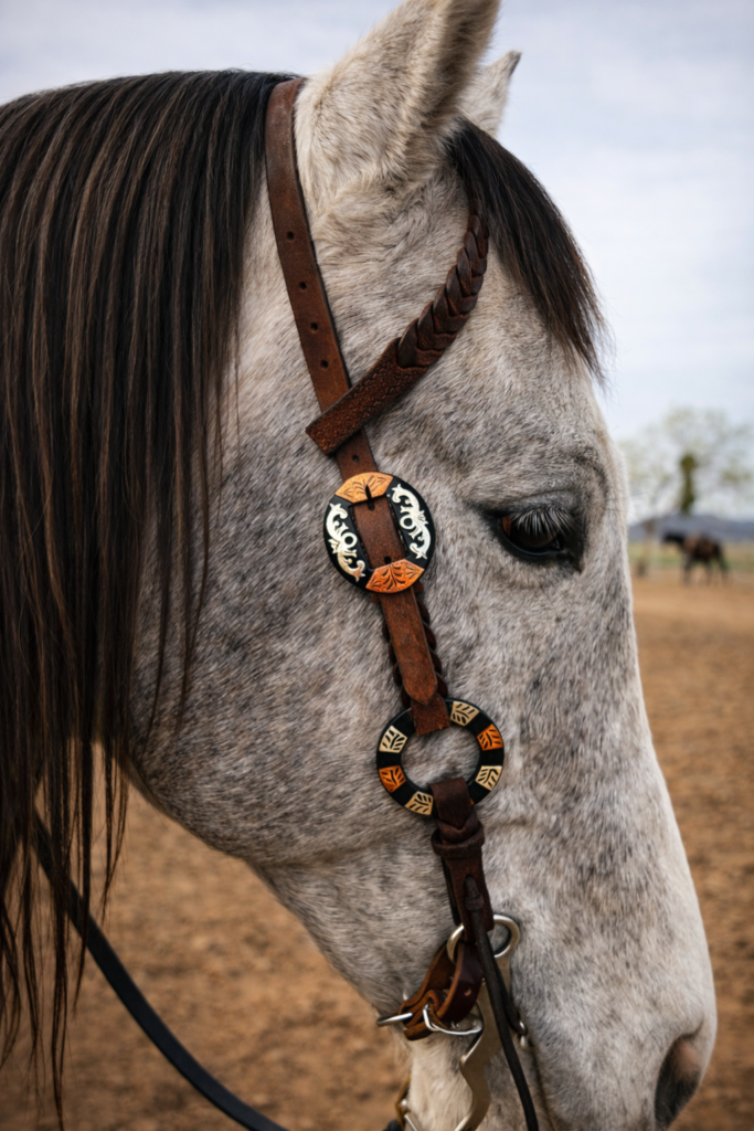 Metal Ring Headstall & Breast Collar Guide | Twisted Iron Tack 19 Twisted Iron - Goldstruck Metal Ring One Ear Headstall